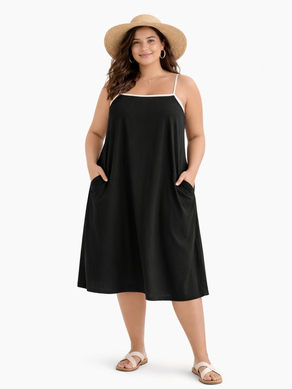 Black Midi Dress with Pockets NWT Minimalist Vacation Sundress Size 1X